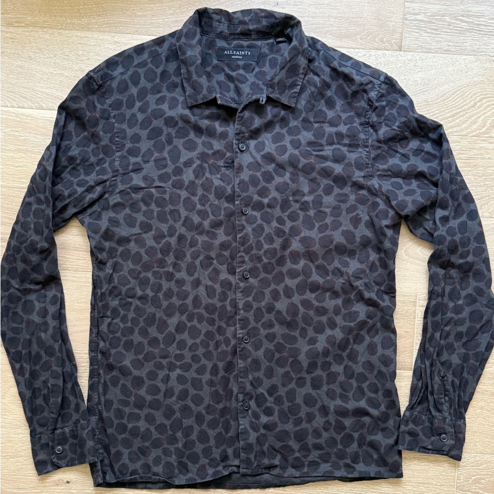 All Saints Black and Grey Spotted Patterned Casual Button Down Shirt